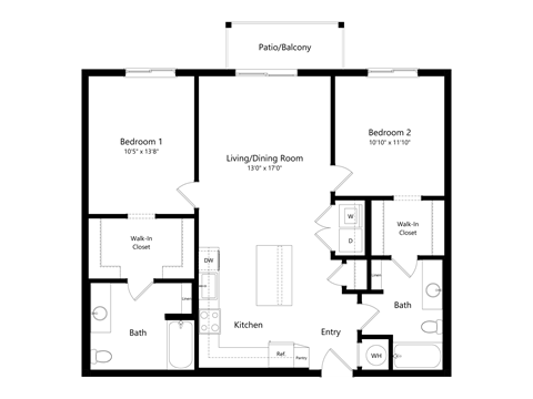 A floor plan of a house with two bedrooms, a living/dining room, a kitchen, a bath, a walk-in closet, and an entry.